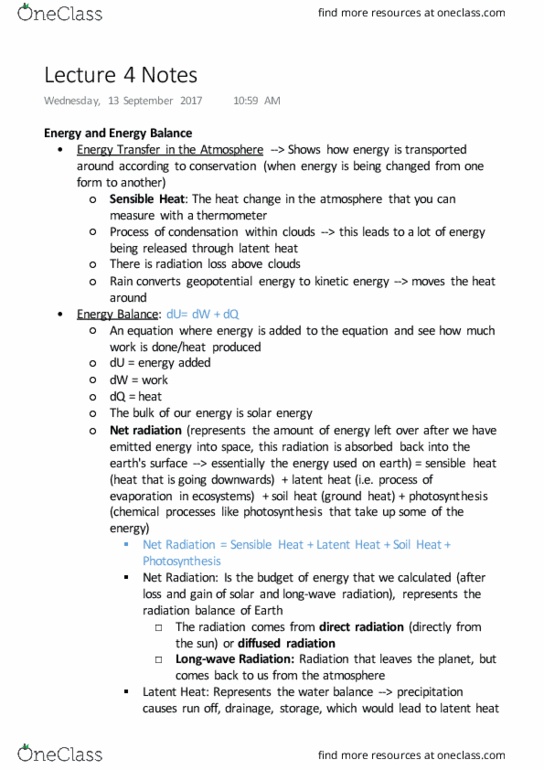 GEOB 200 Lecture Notes - Lecture 4: Radiant Flux, Sensible Heat, Heat Flux thumbnail