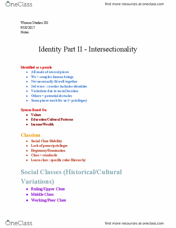 W S 201 Lecture Notes - Lecture 5: Class Discrimination, Intersectionality, Femininity thumbnail