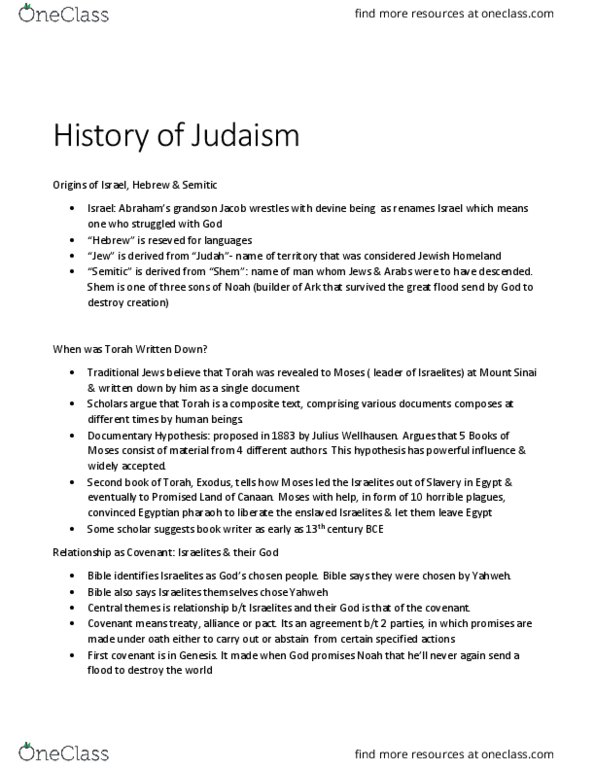HUMA 1860 Chapter Notes - Chapter 1.4: Homeland For The Jewish People, Julius Wellhausen, Documentary Hypothesis thumbnail