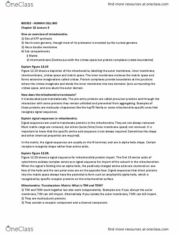 BIO315H5 Lecture Notes - Lecture 6: Cytochrome C Oxidase, Alpha Helix, Intermembrane Space thumbnail