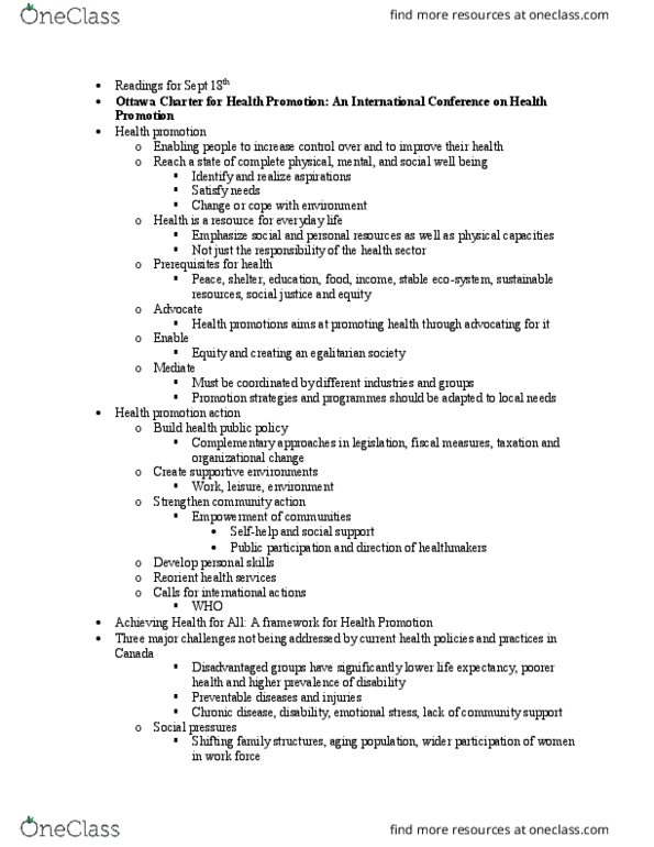 HST209H1 Lecture Notes - Lecture 3: Ottawa Charter For Health Promotion, Health Promotion, Public Participation thumbnail