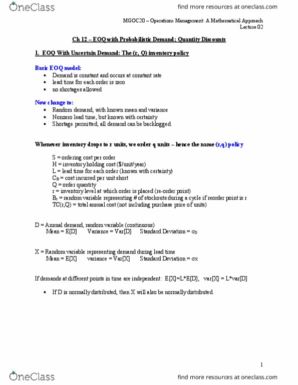 MGOC20H3 Lecture Notes - Lecture 2: Lead Time, Carrying Cost, Service Level thumbnail