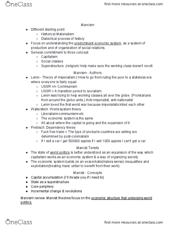 POLS 2920 Lecture Notes - Lecture 4: Capital Accumulation, Dependency Theory, Postcolonialism thumbnail