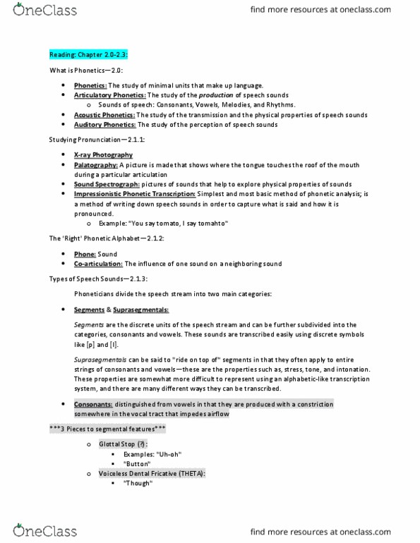 LING 2000 Lecture Notes - Lecture 6: Articulatory Phonetics, Auditory Phonetics, Vocal Tract thumbnail