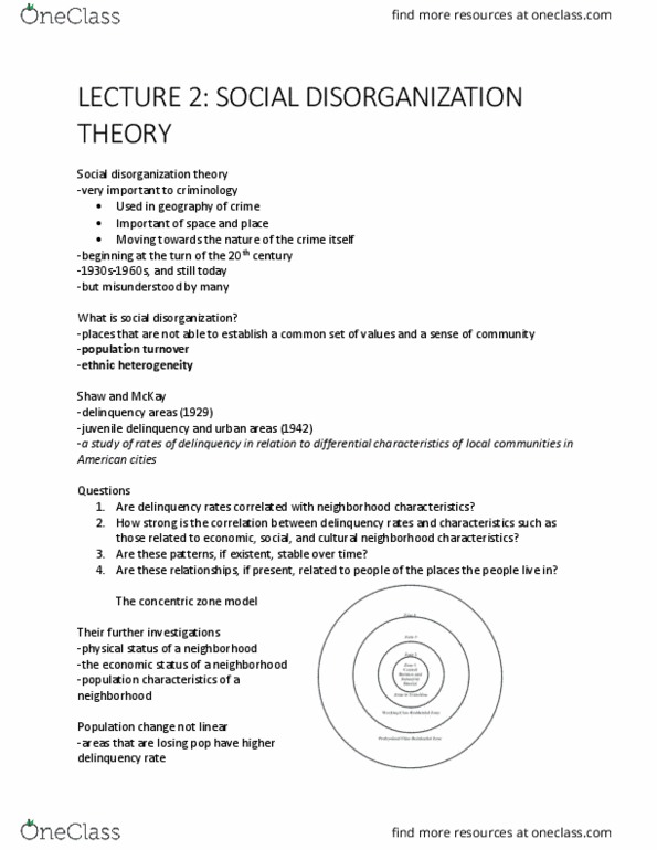 CRIM 352 Lecture Notes - Lecture 2: Social Disorganization Theory, Concentric Zone Model, Juvenile Delinquency thumbnail