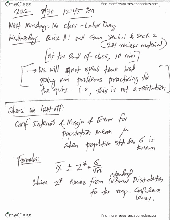 MAT 222 Lecture Notes - Lecture 2: Simple Random Sample, Type I And Type Ii Errors, Confidence Interval thumbnail