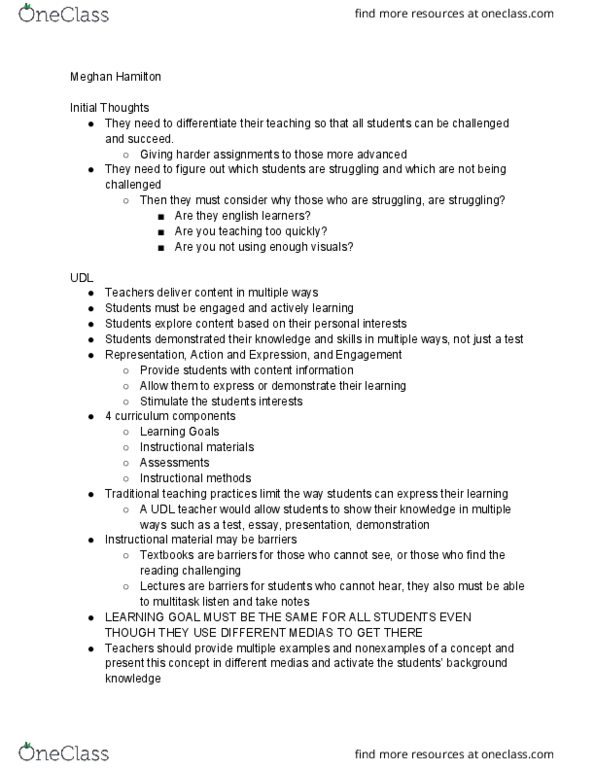 EDP 256 Chapter Notes - Chapter 1: Universal Design, Differentiated Instruction, Assistive Technology thumbnail