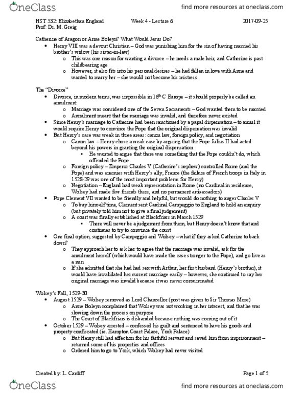 HST 532 Lecture Notes - Lecture 6: Thomas Wolsey, Elizabethan Era, Lorenzo Campeggio thumbnail