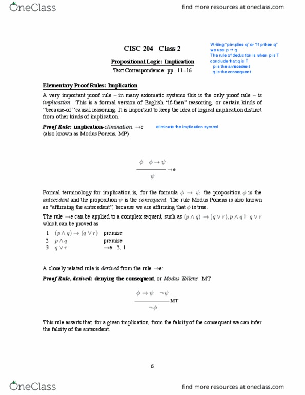 CISC 204 Lecture Notes - Lecture 2: Modus Ponens, Logical Consequence, Complex Instruction Set Computing thumbnail