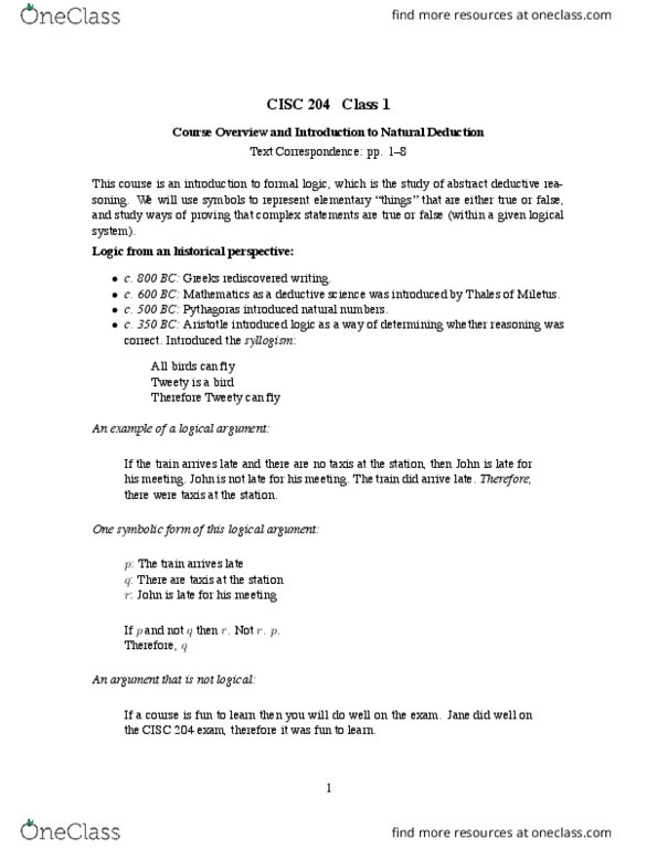 CISC 204 Lecture Notes - Lecture 1: Natural Deduction, Propositional Calculus, Tweety thumbnail