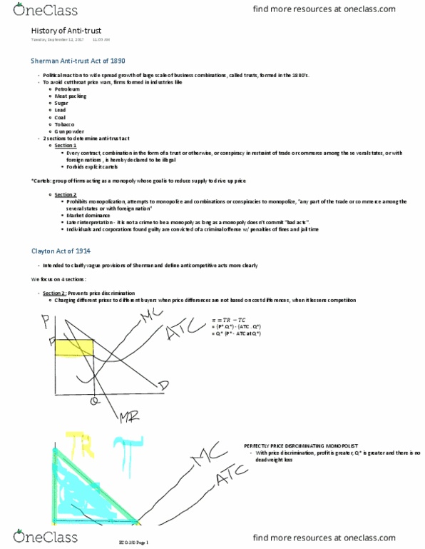 ECO 350 Lecture Notes - Lecture 1: Clayton Antitrust Act, Price Discrimination, Deadweight Loss thumbnail