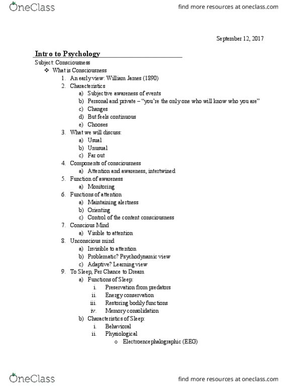 PSYC 101 Lecture Notes - Lecture 3: Memory Consolidation, Unconscious Mind, Non-Rapid Eye Movement Sleep thumbnail