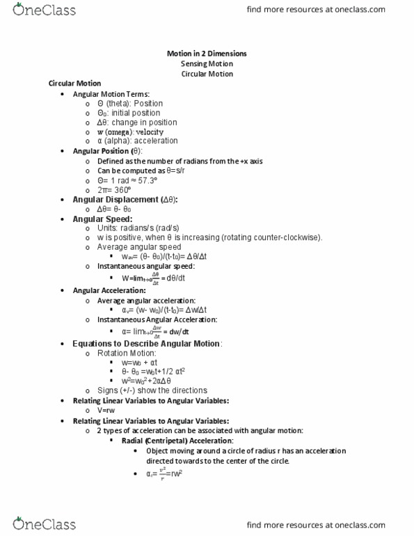 PHYS 1420 Lecture Notes - Lecture 7: Angular Acceleration, Angular Velocity thumbnail