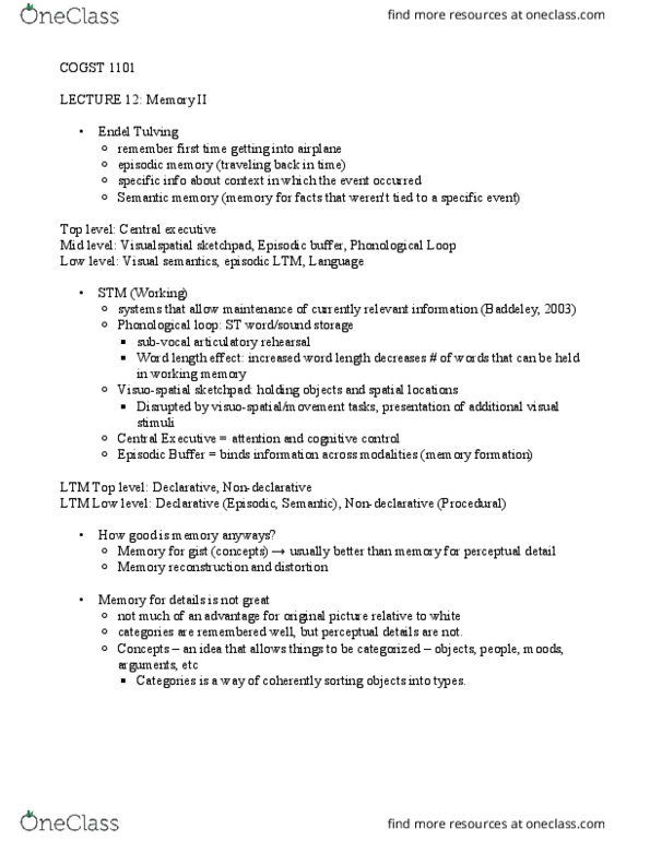 COGST 1101 Lecture Notes - Lecture 12: Semantic Memory, Episodic Memory, Sketchpad thumbnail