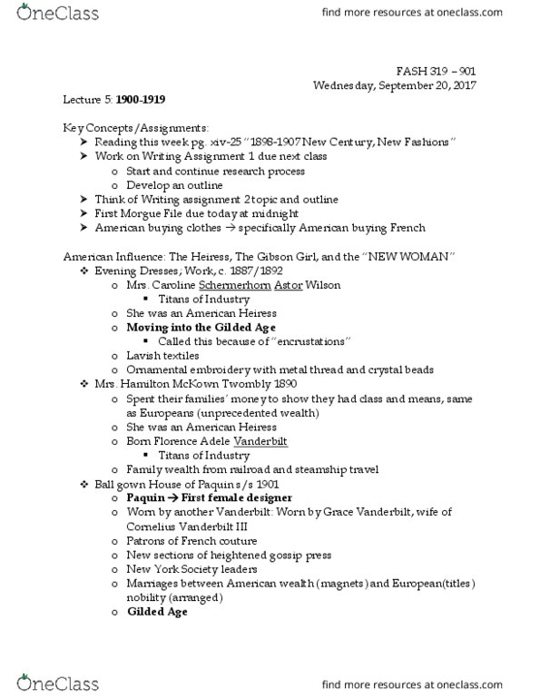 FASH 319 Lecture Notes - Lecture 5: Robert Gould Shaw Ii, Consuelo Vanderbilt, Hamilton Mckown Twombly thumbnail