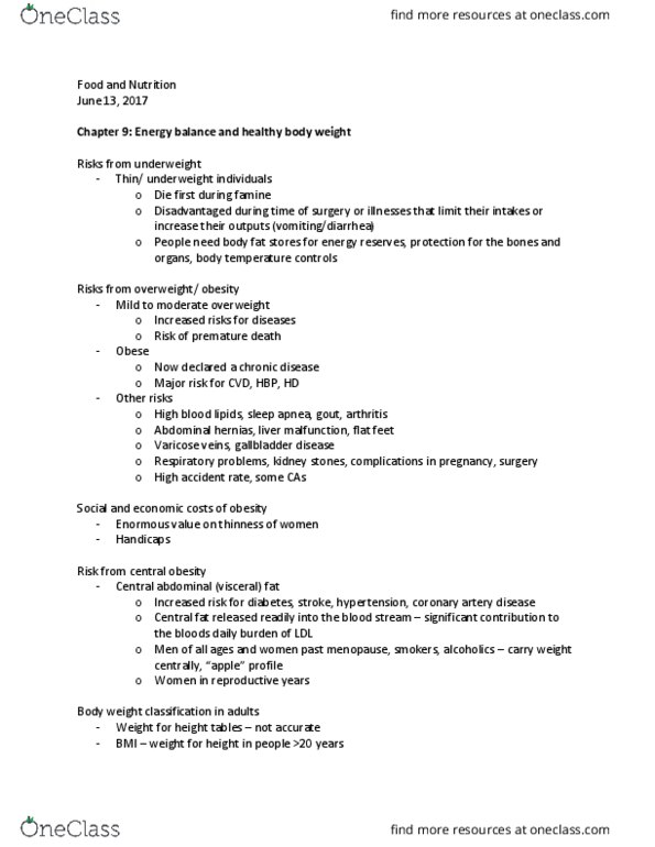 Foods and Nutrition 1021 Lecture Notes - Lecture 8: Bioelectrical Impedance Analysis, Coronary Artery Disease, Abdominal Obesity thumbnail