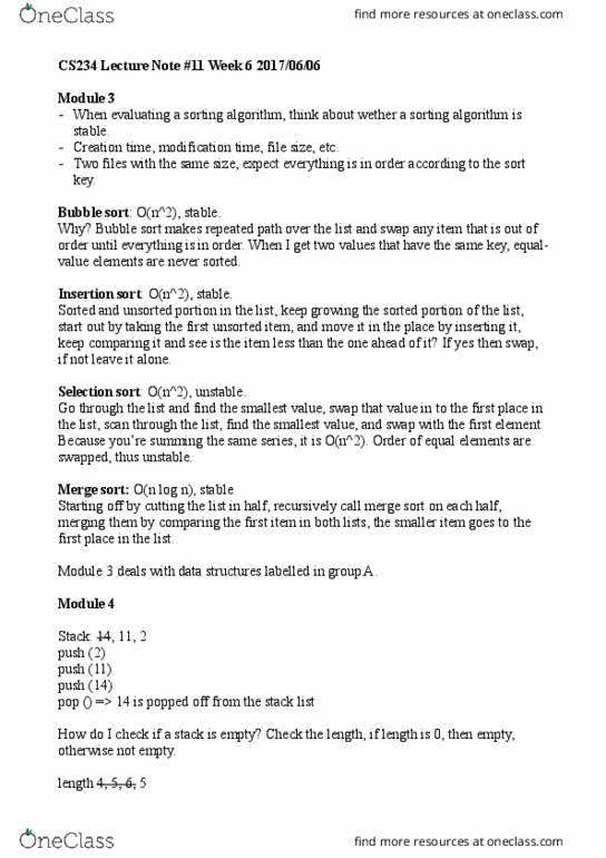 CS234 Lecture Notes - Lecture 6: Merge Sort, Sorting Algorithm, Bubble Sort thumbnail