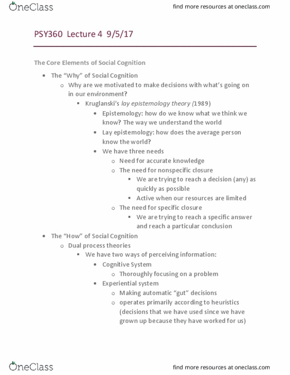 PSY 360 Lecture Notes - Lecture 4: Dual Process Theory, Greek Mythology, Social Cognition thumbnail