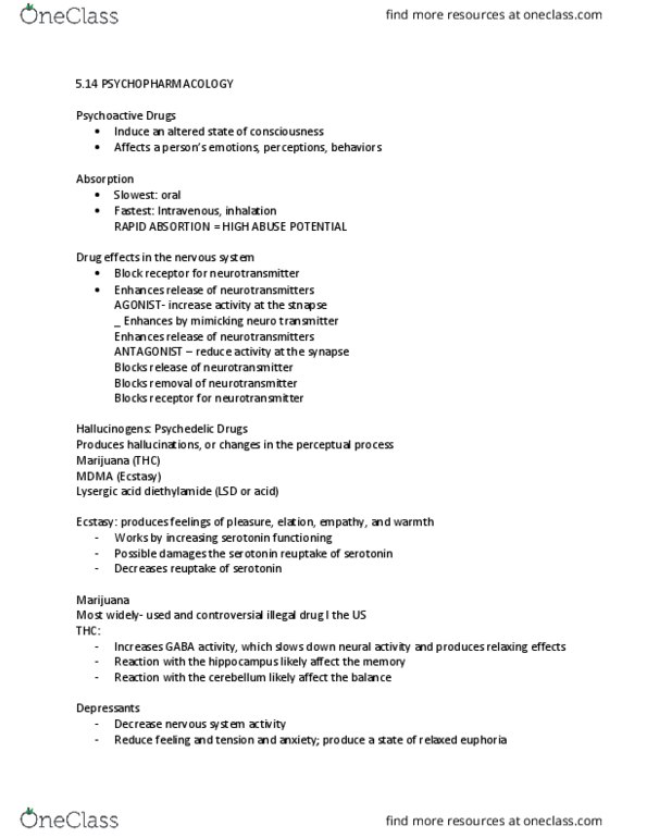 PSYC 101 Lecture Notes - Lecture 14: Lysergic Acid Diethylamide, Reuptake, Hallucinogen thumbnail