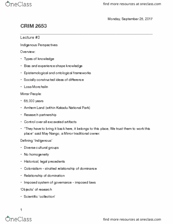 CRIM 2653 Lecture Notes - Lecture 3: Kakadu National Park, Arnhem Land, Aboriginal Australians thumbnail