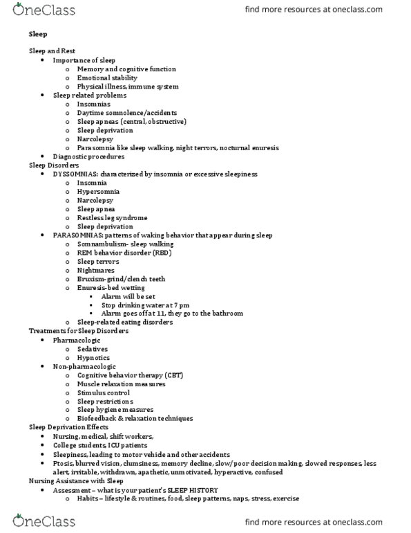 NURS 3234 Lecture Notes - Lecture 8: Nocturnal Enuresis, Cognitive Behavioral Therapy, Sleep Deprivation thumbnail