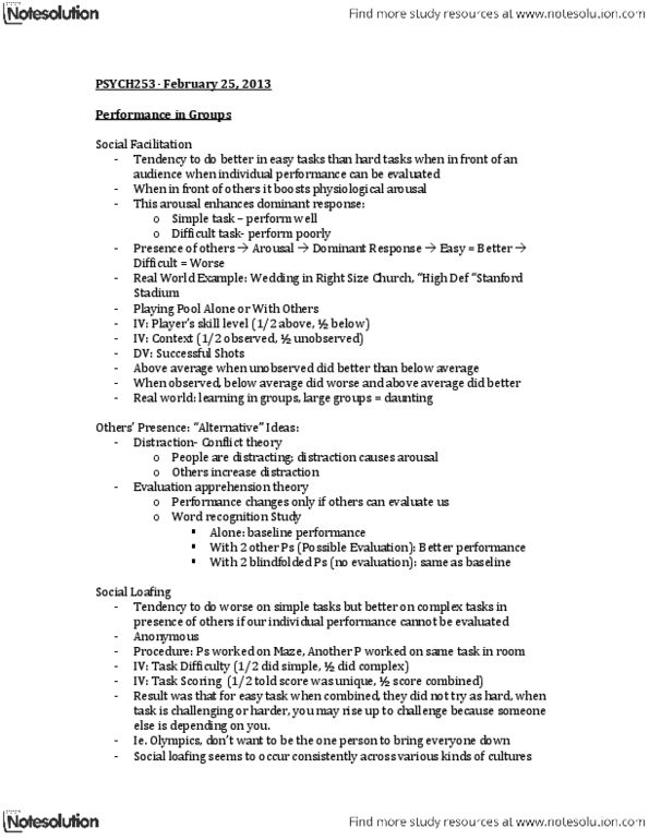 PSYCH253 Lecture Notes - Group Polarization, Conflict Theories, Social Loafing thumbnail