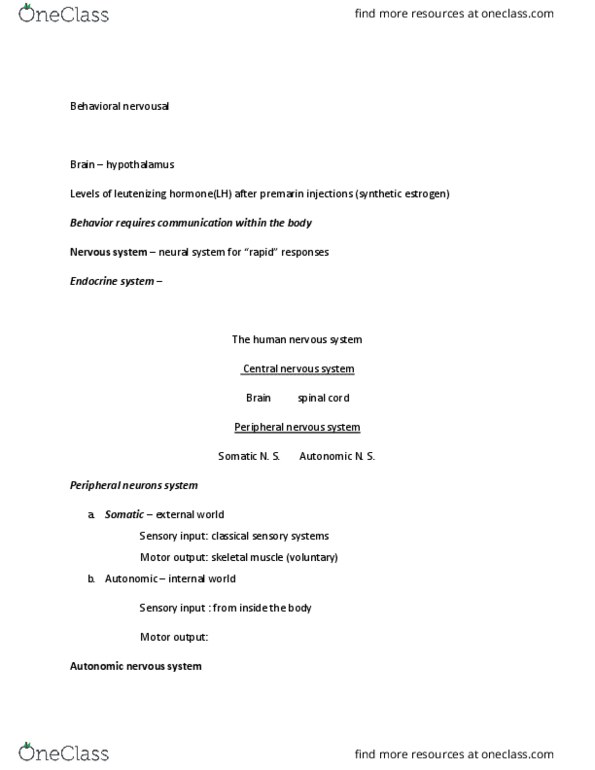 PSY 1001 Lecture Notes - Lecture 5: Luteinizing Hormone, Autonomic Nervous System, Peripheral Nervous System thumbnail