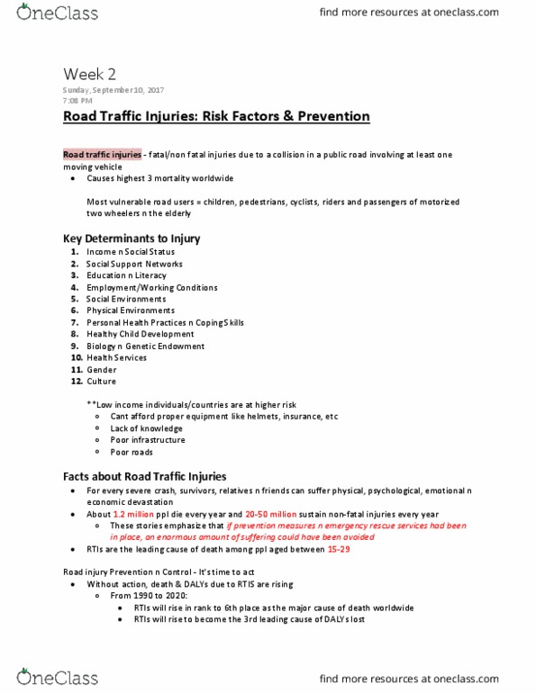 HSCI 215 Lecture Notes - Lecture 2: Road Traffic Safety, Southeast Asia, Transport Canada thumbnail