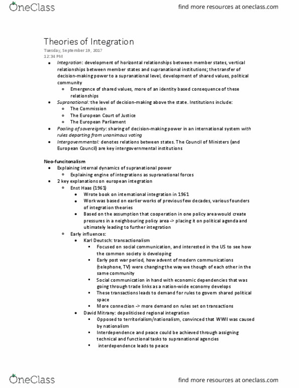 POL S370 Lecture Notes - Lecture 2: David Mitrany, European Political Community, Supranational Union thumbnail