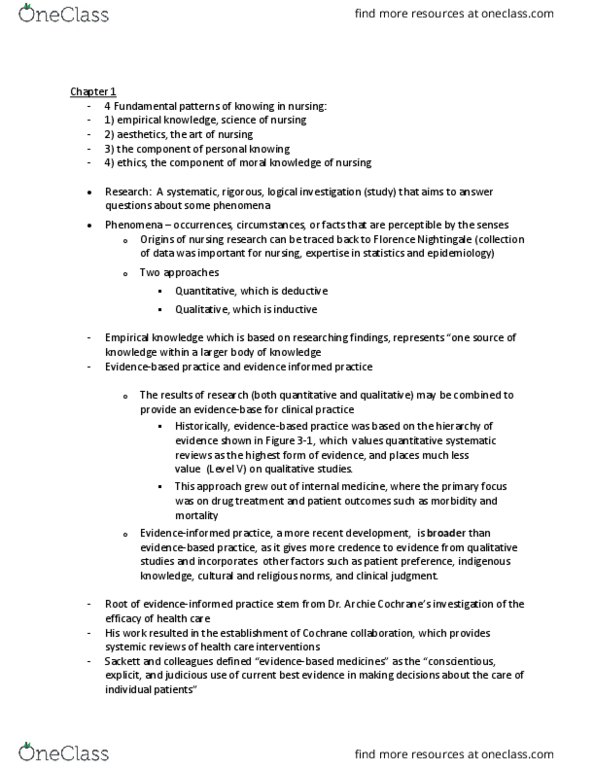 NURS301 Lecture Notes - Lecture 5: Empirical Evidence, Internal Medicine, Knowledge Translation thumbnail