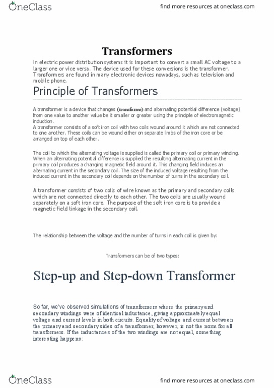 PHYS 2212L Chapter Notes - Chapter Transformer: Electric Power Industry, Electric Power Distribution, Electromagnetic Induction thumbnail