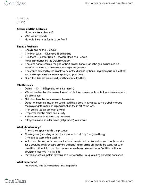 CLST 312 Lecture Notes - Lecture 3: List Of Theatre Festivals, Dionysia, Eleutherae thumbnail