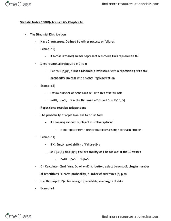 STAT 1000Q Lecture Notes - Lecture 8: Binomial Distribution, Fair Coin thumbnail