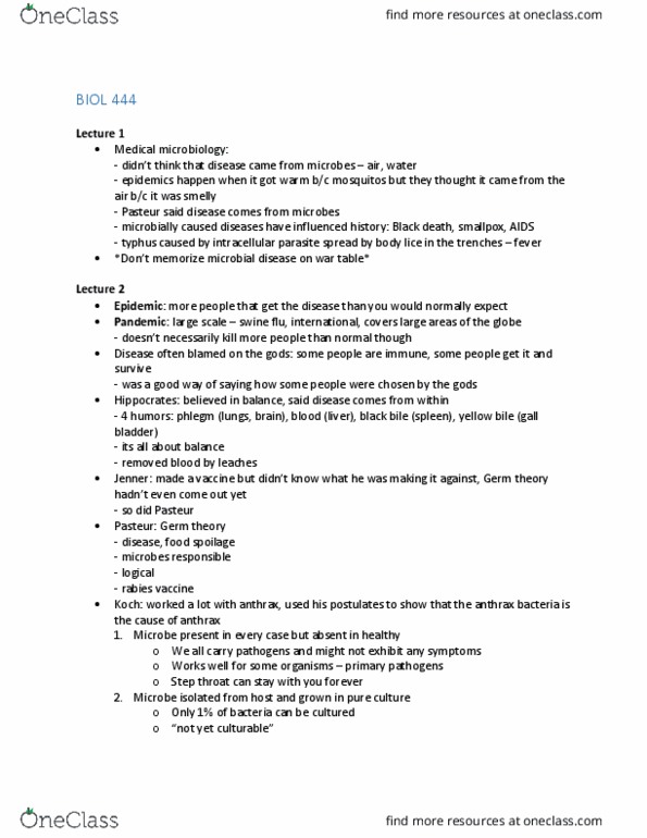 BIOL444 Lecture Notes - Lecture 1: Body Louse, Intracellular Parasite, Medical Microbiology thumbnail