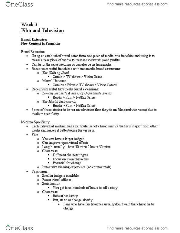 COM CO 101 Lecture Notes - Lecture 6: The Mortal Instruments, Sansa Stark, Transmedia Storytelling thumbnail