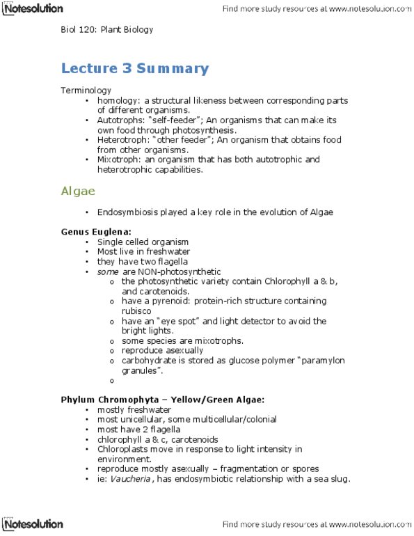 BIOL120 Lecture Notes - Lecture 3: Brown Algae, Xylem, Autotroph thumbnail