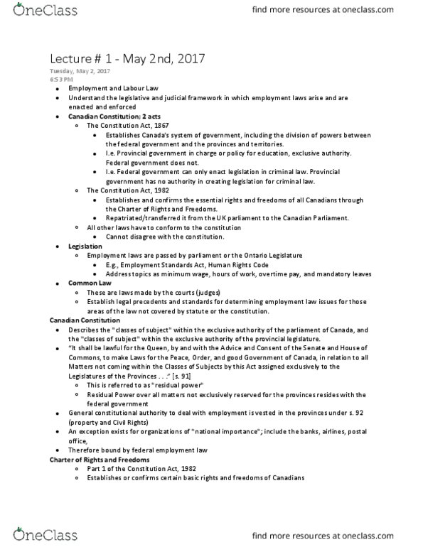 LAW 529 Lecture Notes - Lecture 1: Constitution Act, 1982, Section 33 Of The Canadian Charter Of Rights And Freedoms, Affirmative Action thumbnail
