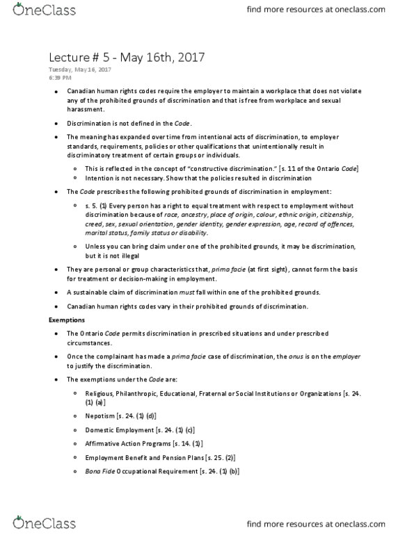 LAW 529 Lecture Notes - Lecture 5: Ontario Human Rights Code, Ontario Human Rights Commission, Kbr (Company) thumbnail