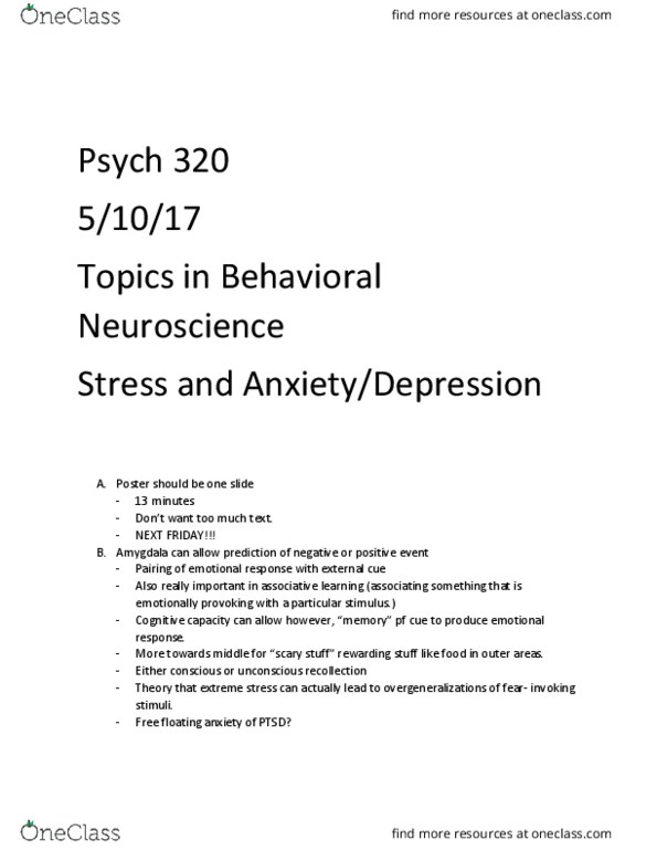 PSY 320 Lecture Notes - Lecture 18: Locus Coeruleus, Generalized Anxiety Disorder, Learned Helplessness thumbnail