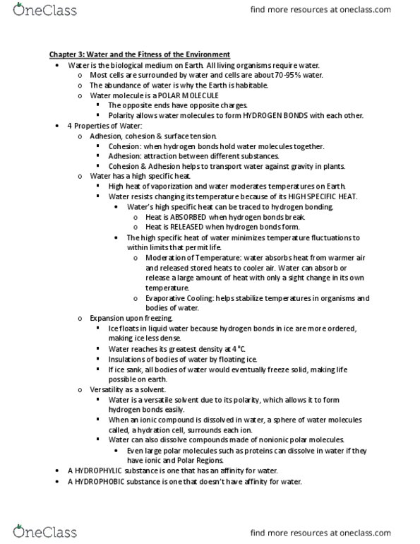 BIO 2000 Chapter Notes - Chapter 3: Hydrogen Bond, Heat Capacity, Ionic Compound thumbnail