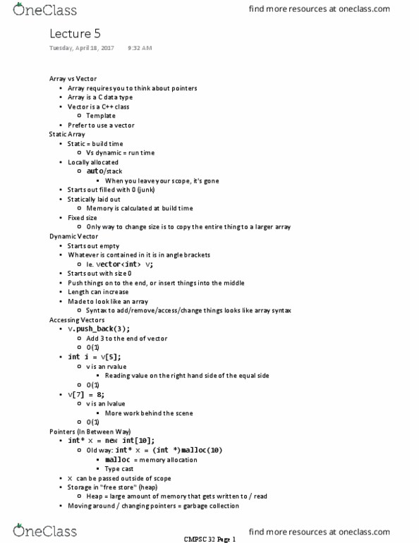 CMPSC 32 Lecture Notes - Lecture 5: C Dynamic Memory Allocation, Iterator thumbnail