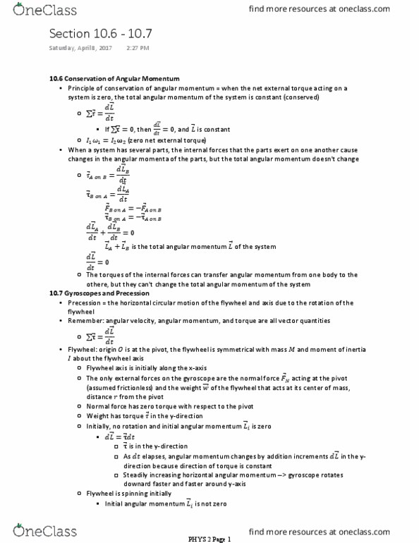 PHYS 2 Chapter Notes - Chapter 10.6-10.7: Angular Velocity, Normal Force, Gyroscope thumbnail