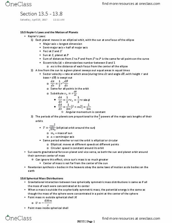 PHYS 2 Chapter Notes - Chapter 13.5 - 13.8: Dimensionless Quantity, Ellipse, Point Particle thumbnail