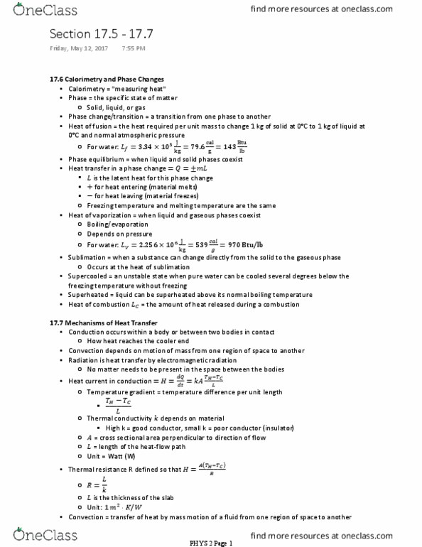 PHYS 2 Chapter Notes - Chapter 17.5 - 17.7: Phase Rule, Heat Transfer, Calorimetry thumbnail