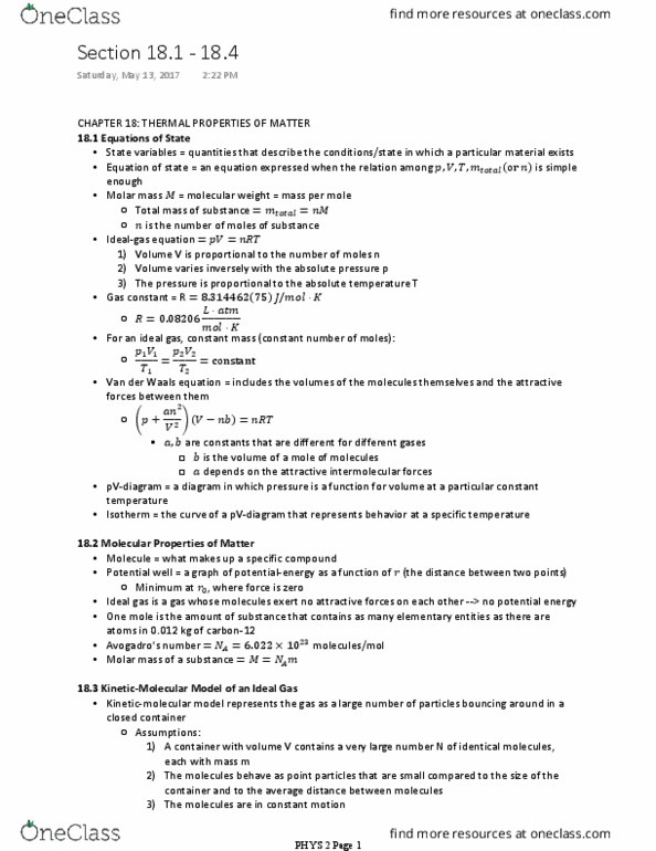 PHYS 2 Chapter Notes - Chapter 18.1 - 18.4: Van Der Waals Equation, Molar Mass, Ideal Gas thumbnail