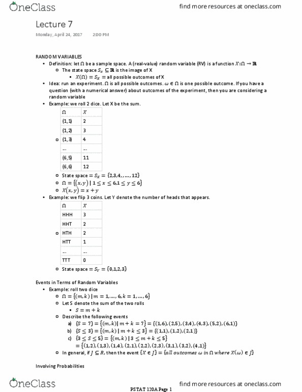 PSTAT 120A Lecture Notes - Lecture 7: Cumulative Distribution Function, State Space, Random Variable thumbnail