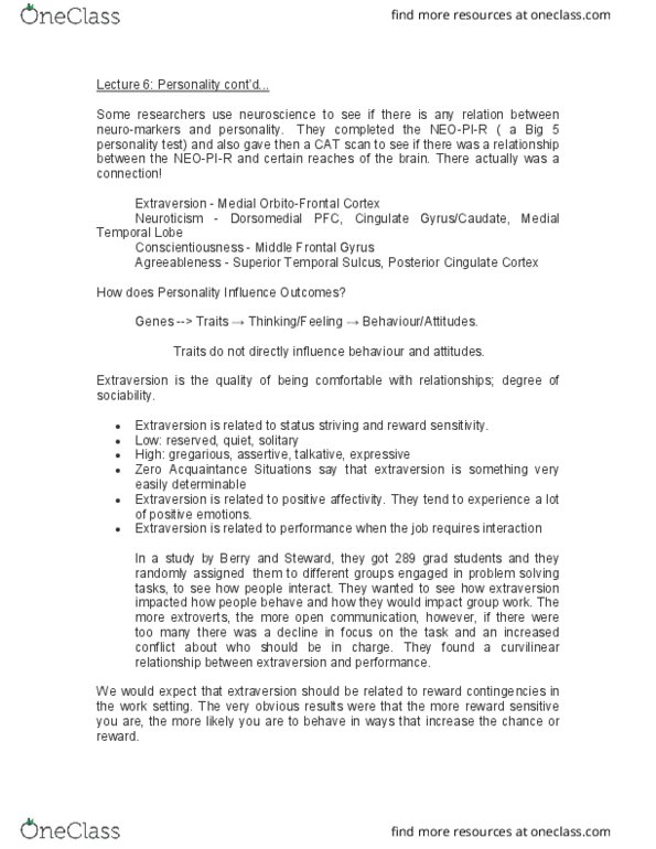 PSYCH238 Lecture Notes - Lecture 6: Temporal Lobe, Extraversion And Introversion, Agreeableness thumbnail