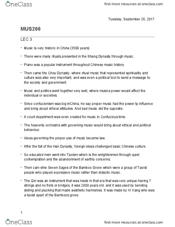 MUS200H1 Lecture Notes - Lecture 3: Zhou Dynasty, Shang Dynasty, Ji Kang thumbnail