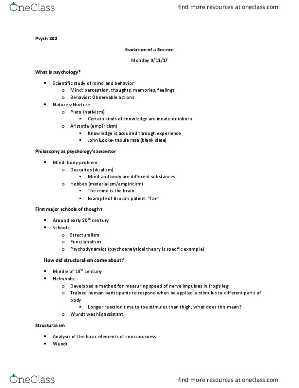 PSYCH 202 Lecture Notes - Lecture 1: Tabula Rasa, Wilhelm Wundt, Psychodynamics thumbnail