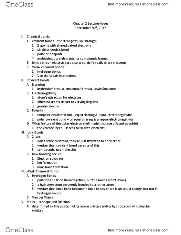 BIOL 101 Lecture Notes - Lecture 2: Chemical Polarity, Ionic Bonding, Chemical Formula thumbnail